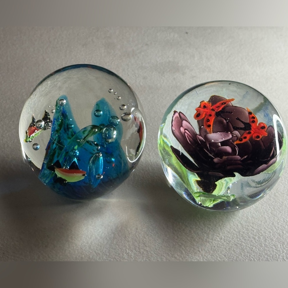 2 blown glass-crystal paper weights - ocean/fish & butterfly/rose